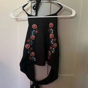 Floral embroidered tied backless crop top